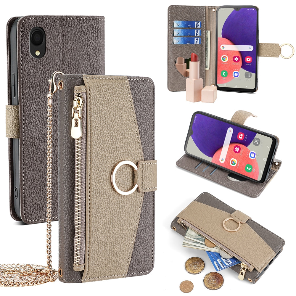 Samsung Galaxy A22 5G JP Version Crossbody Phone Case with Litchi Texture Leather, Adjustable Kickstand, Card Slots, Zipper Purse, Makeup Mirror, and TPU Protection