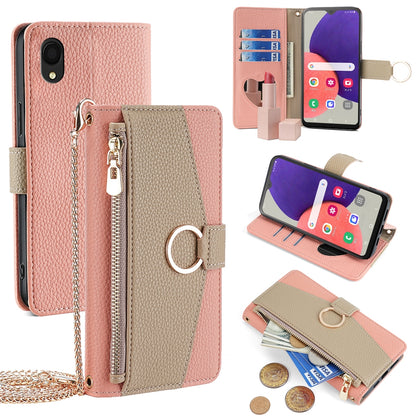 Samsung Galaxy A22 5G JP Version Crossbody Phone Case with Litchi Texture Leather, Adjustable Kickstand, Card Slots, Zipper Purse, Makeup Mirror, and TPU Protection