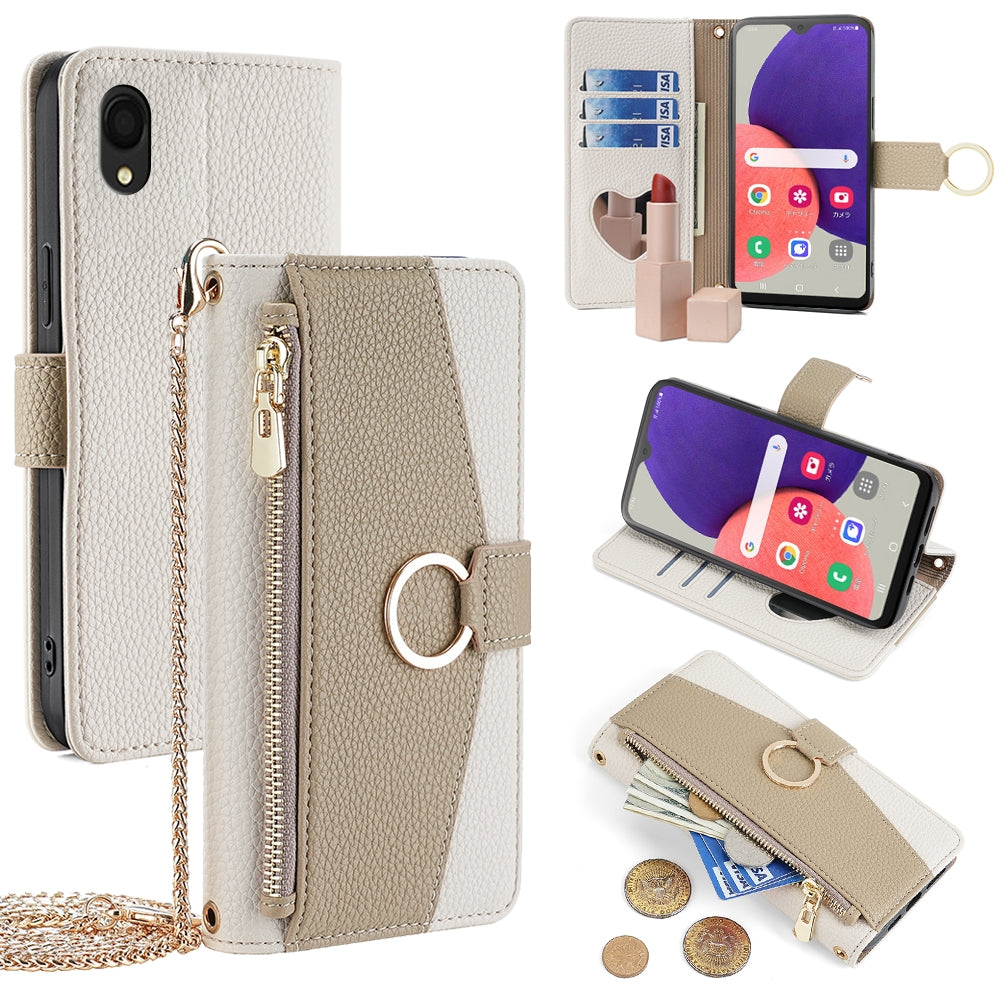 Samsung Galaxy A22 5G JP Version Crossbody Phone Case with Litchi Texture Leather, Adjustable Kickstand, Card Slots, Zipper Purse, Makeup Mirror, and TPU Protection