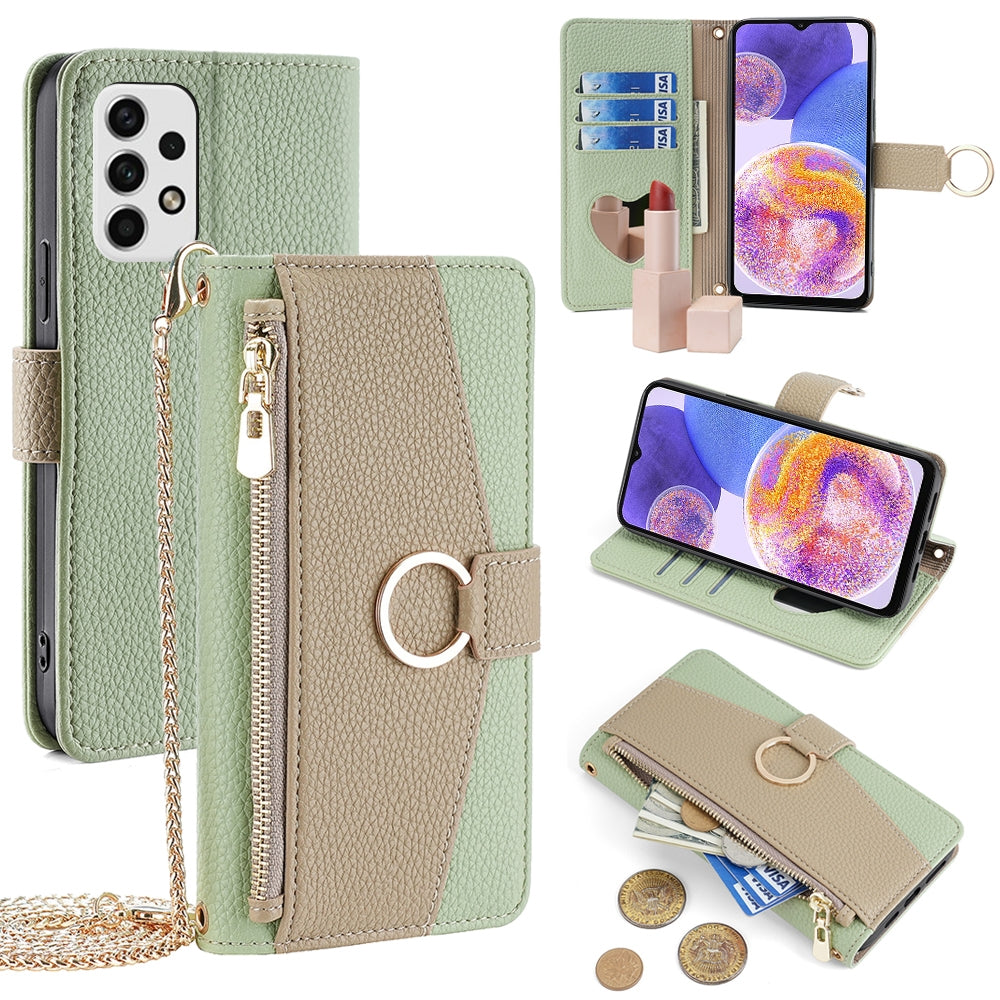 Samsung Galaxy A23 Crossbody Phone Case with Litchi Texture Leather, Adjustable Kickstand, Card Slots, Zipper Purse, Makeup Mirror, and TPU Protection