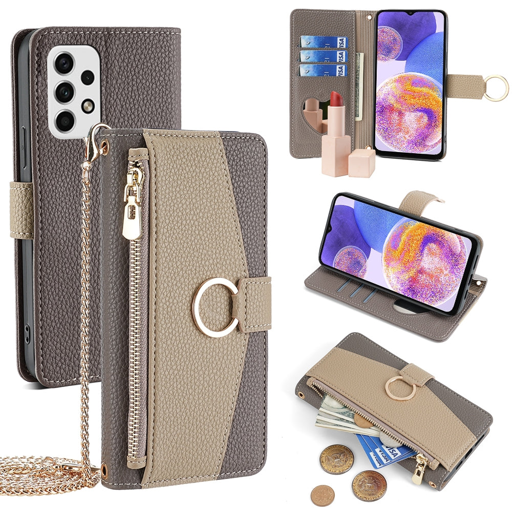 Samsung Galaxy A23 Crossbody Phone Case with Litchi Texture Leather, Adjustable Kickstand, Card Slots, Zipper Purse, Makeup Mirror, and TPU Protection