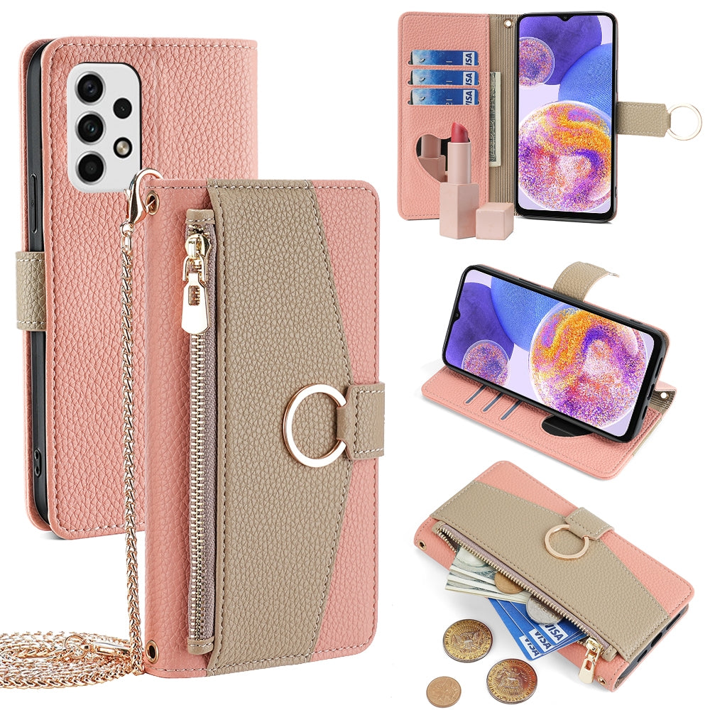 Samsung Galaxy A23 Crossbody Phone Case with Litchi Texture Leather, Adjustable Kickstand, Card Slots, Zipper Purse, Makeup Mirror, and TPU Protection