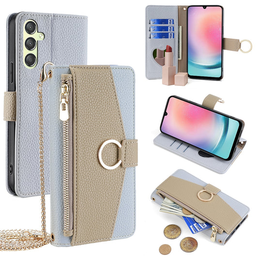 Samsung Galaxy A24 4G Crossbody Phone Case with Litchi Texture Leather, Adjustable Kickstand, Card Slots, Zipper Purse, Makeup Mirror, and TPU Protection