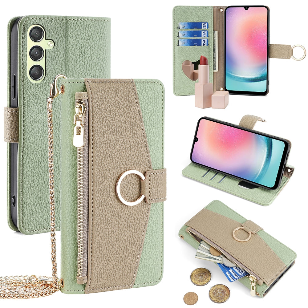 Samsung Galaxy A24 4G Crossbody Phone Case with Litchi Texture Leather, Adjustable Kickstand, Card Slots, Zipper Purse, Makeup Mirror, and TPU Protection