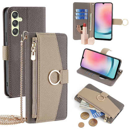 Samsung Galaxy A24 4G Crossbody Phone Case with Litchi Texture Leather, Adjustable Kickstand, Card Slots, Zipper Purse, Makeup Mirror, and TPU Protection