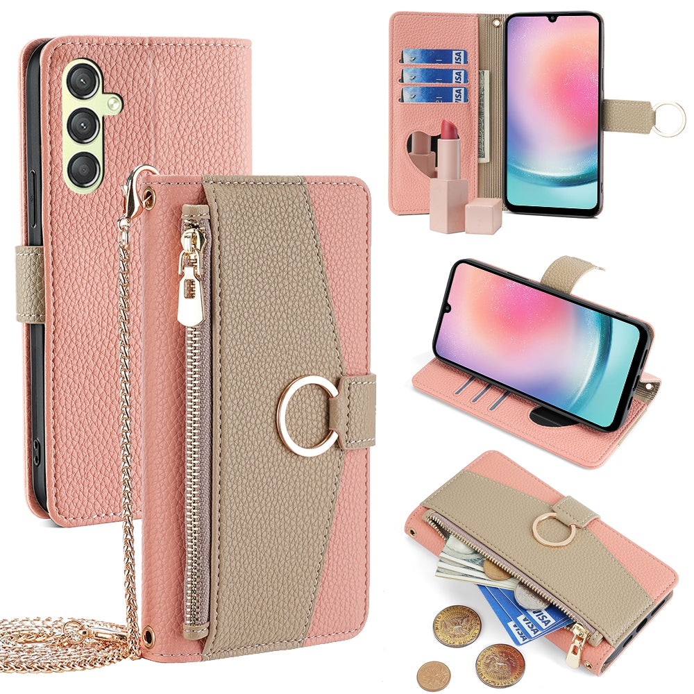 Samsung Galaxy A24 4G Crossbody Phone Case with Litchi Texture Leather, Adjustable Kickstand, Card Slots, Zipper Purse, Makeup Mirror, and TPU Protection