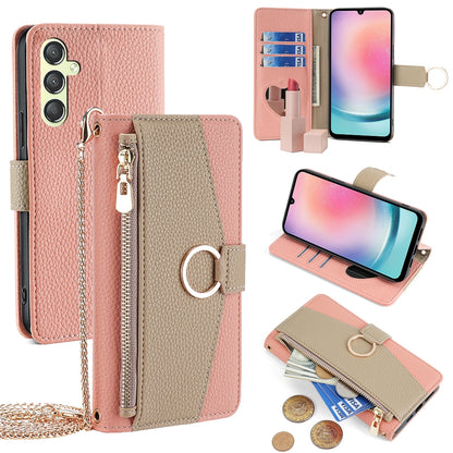 Samsung Galaxy A24 4G Crossbody Phone Case with Litchi Texture Leather, Adjustable Kickstand, Card Slots, Zipper Purse, Makeup Mirror, and TPU Protection