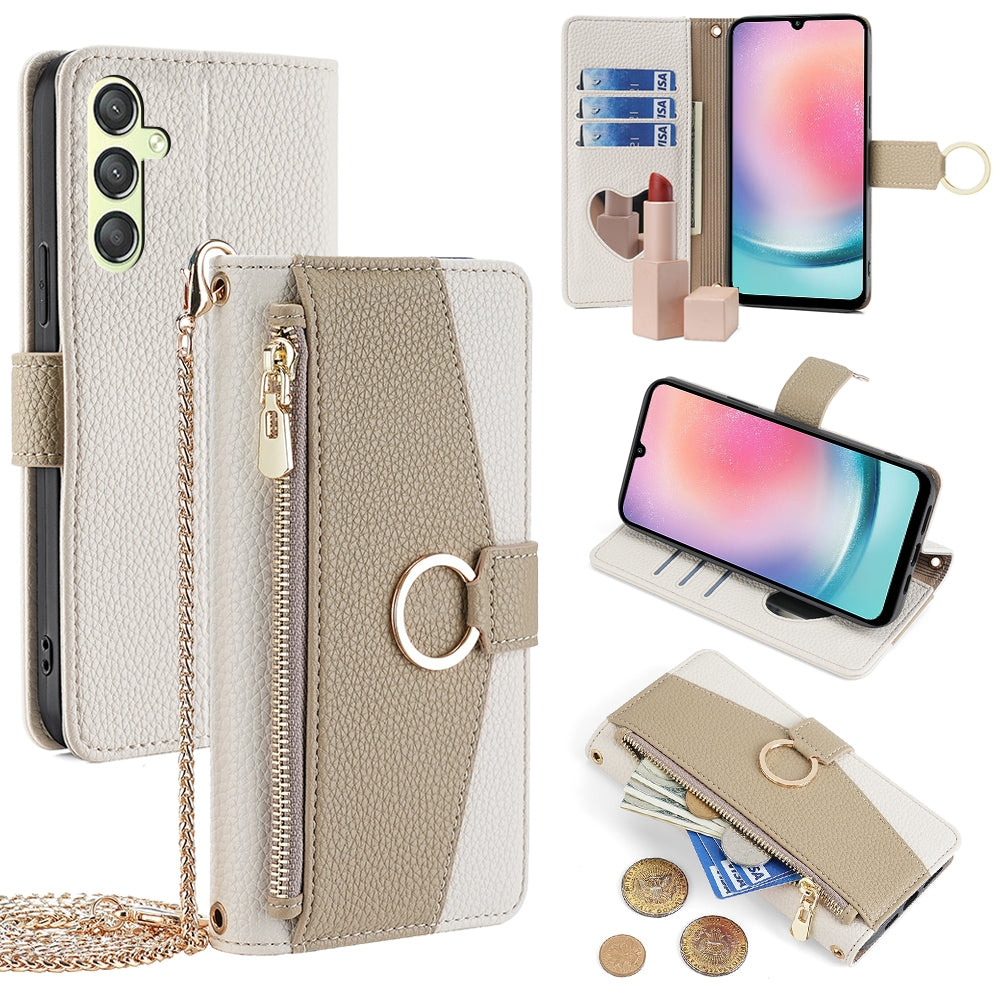Samsung Galaxy A24 4G Crossbody Phone Case with Litchi Texture Leather, Adjustable Kickstand, Card Slots, Zipper Purse, Makeup Mirror, and TPU Protection