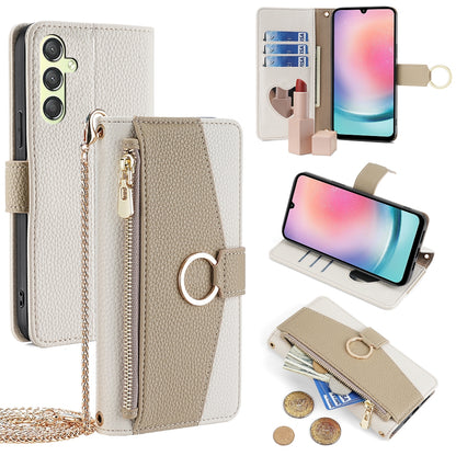 Samsung Galaxy A24 4G Crossbody Phone Case with Litchi Texture Leather, Adjustable Kickstand, Card Slots, Zipper Purse, Makeup Mirror, and TPU Protection