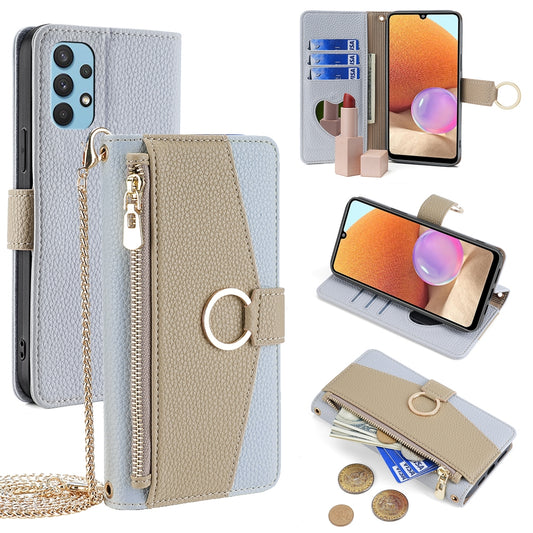 Samsung Galaxy A32 4G Crossbody Phone Case with Litchi Texture Leather, Adjustable Kickstand, Card Slots, Zipper Purse, Makeup Mirror, and TPU Protection