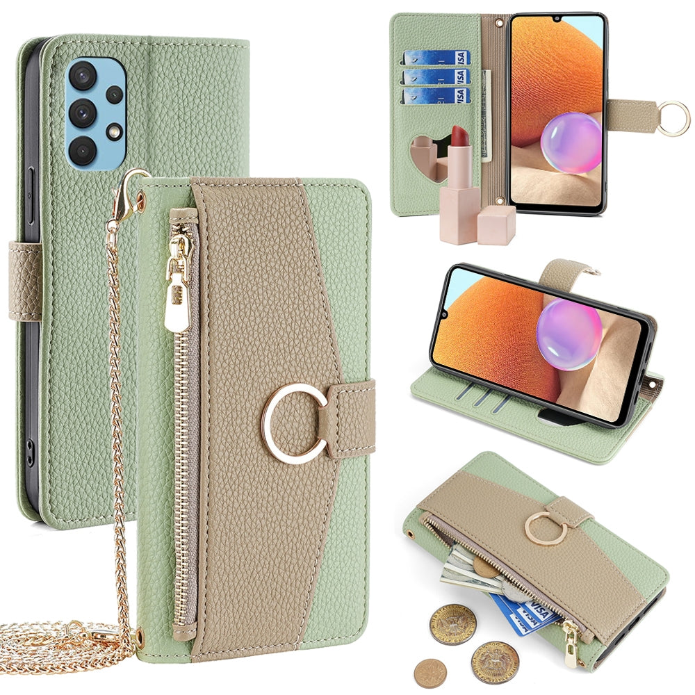 Samsung Galaxy A32 4G Crossbody Phone Case with Litchi Texture Leather, Adjustable Kickstand, Card Slots, Zipper Purse, Makeup Mirror, and TPU Protection