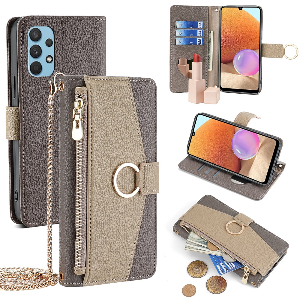 Samsung Galaxy A32 4G Crossbody Phone Case with Litchi Texture Leather, Adjustable Kickstand, Card Slots, Zipper Purse, Makeup Mirror, and TPU Protection