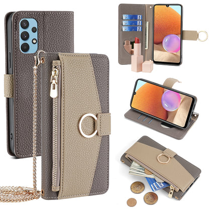 Samsung Galaxy A32 4G Crossbody Phone Case with Litchi Texture Leather, Adjustable Kickstand, Card Slots, Zipper Purse, Makeup Mirror, and TPU Protection