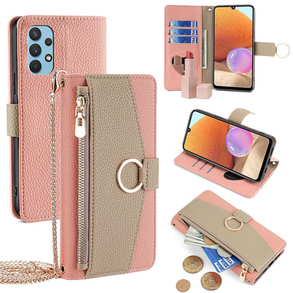 Samsung Galaxy A32 4G Crossbody Phone Case with Litchi Texture Leather, Adjustable Kickstand, Card Slots, Zipper Purse, Makeup Mirror, and TPU Protection