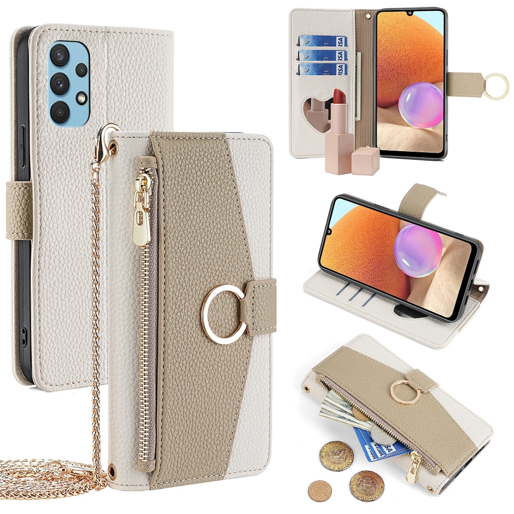 Samsung Galaxy A32 4G Crossbody Phone Case with Litchi Texture Leather, Adjustable Kickstand, Card Slots, Zipper Purse, Makeup Mirror, and TPU Protection