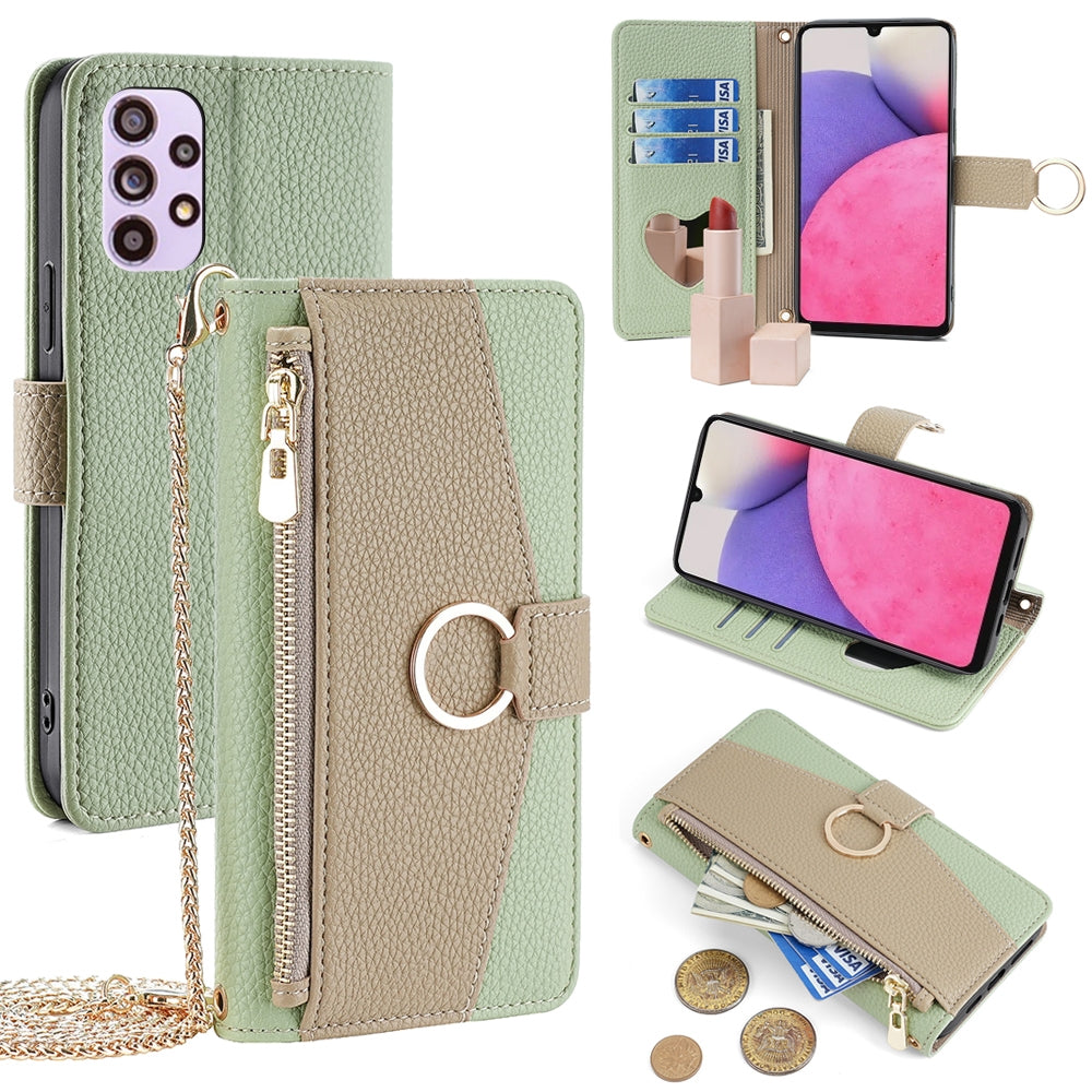 Samsung Galaxy A33 5G Crossbody Phone Case with Litchi Texture Leather, Adjustable Kickstand, Card Slots, Zipper Purse, Makeup Mirror, and TPU Protection