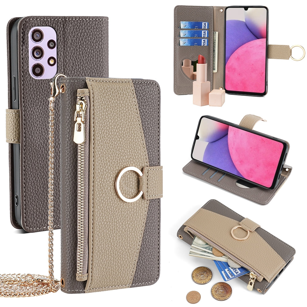 Samsung Galaxy A33 5G Crossbody Phone Case with Litchi Texture Leather, Adjustable Kickstand, Card Slots, Zipper Purse, Makeup Mirror, and TPU Protection