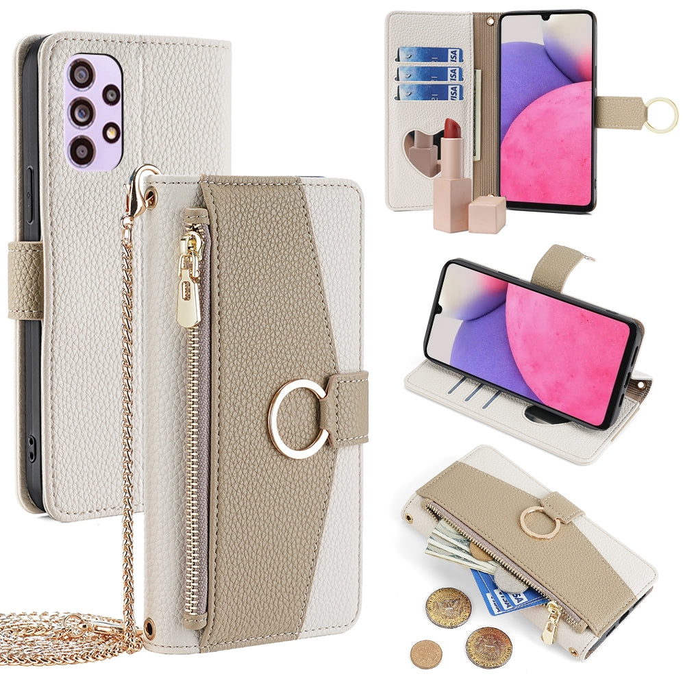 Samsung Galaxy A33 5G Crossbody Phone Case with Litchi Texture Leather, Adjustable Kickstand, Card Slots, Zipper Purse, Makeup Mirror, and TPU Protection