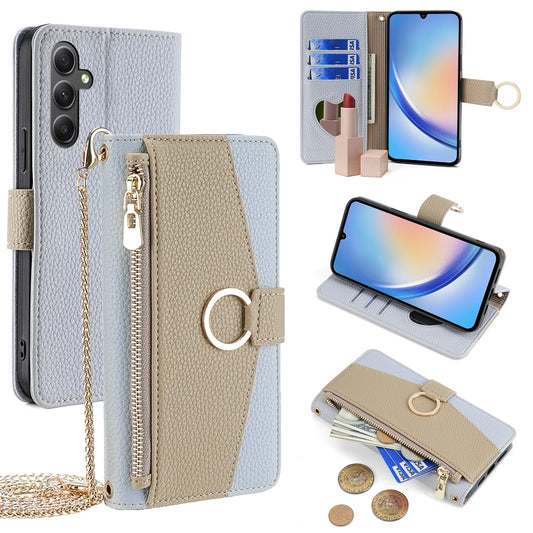 Samsung Galaxy A34 5G Crossbody Phone Case with Litchi Texture Leather, Adjustable Kickstand, Card Slots, Zipper Purse, Makeup Mirror, and TPU Protection