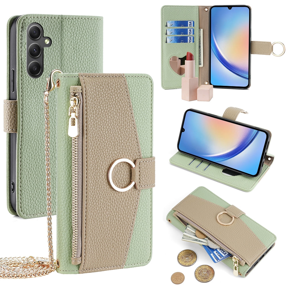 Samsung Galaxy A34 5G Crossbody Phone Case with Litchi Texture Leather, Adjustable Kickstand, Card Slots, Zipper Purse, Makeup Mirror, and TPU Protection