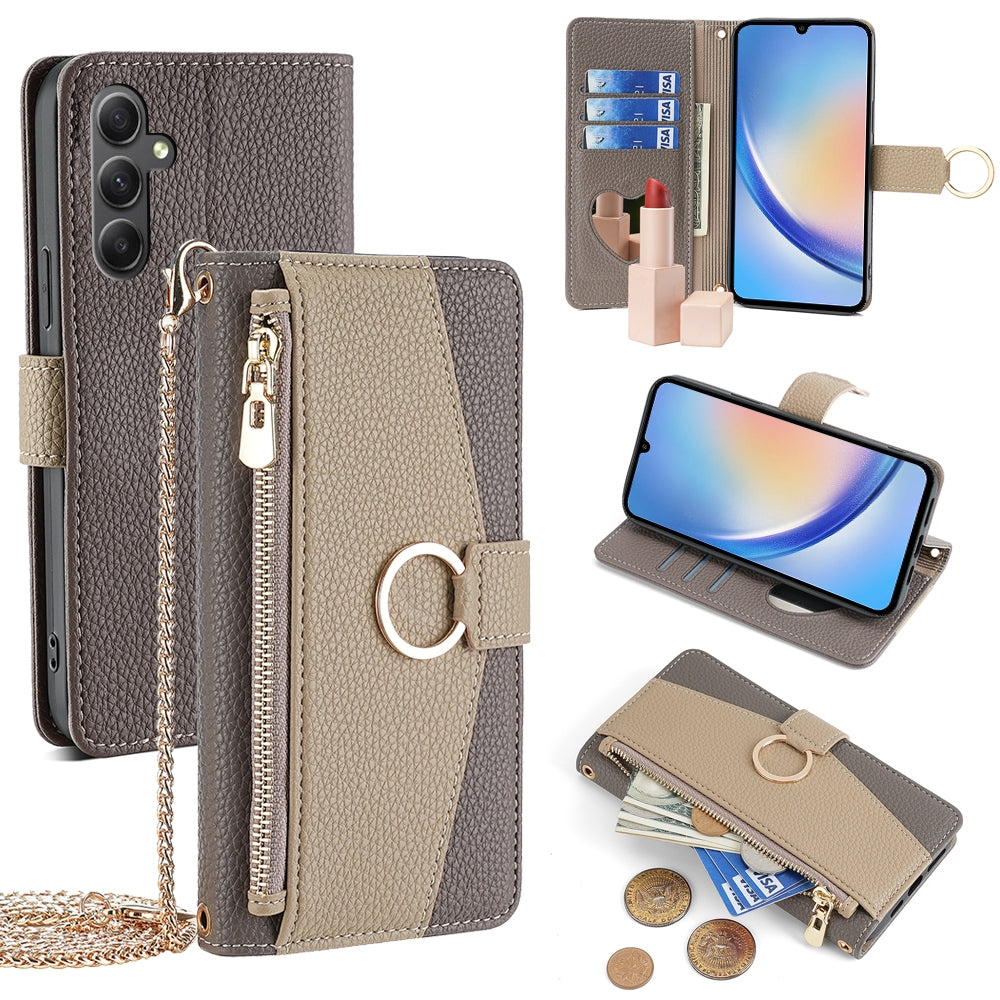 Samsung Galaxy A34 5G Crossbody Phone Case with Litchi Texture Leather, Adjustable Kickstand, Card Slots, Zipper Purse, Makeup Mirror, and TPU Protection