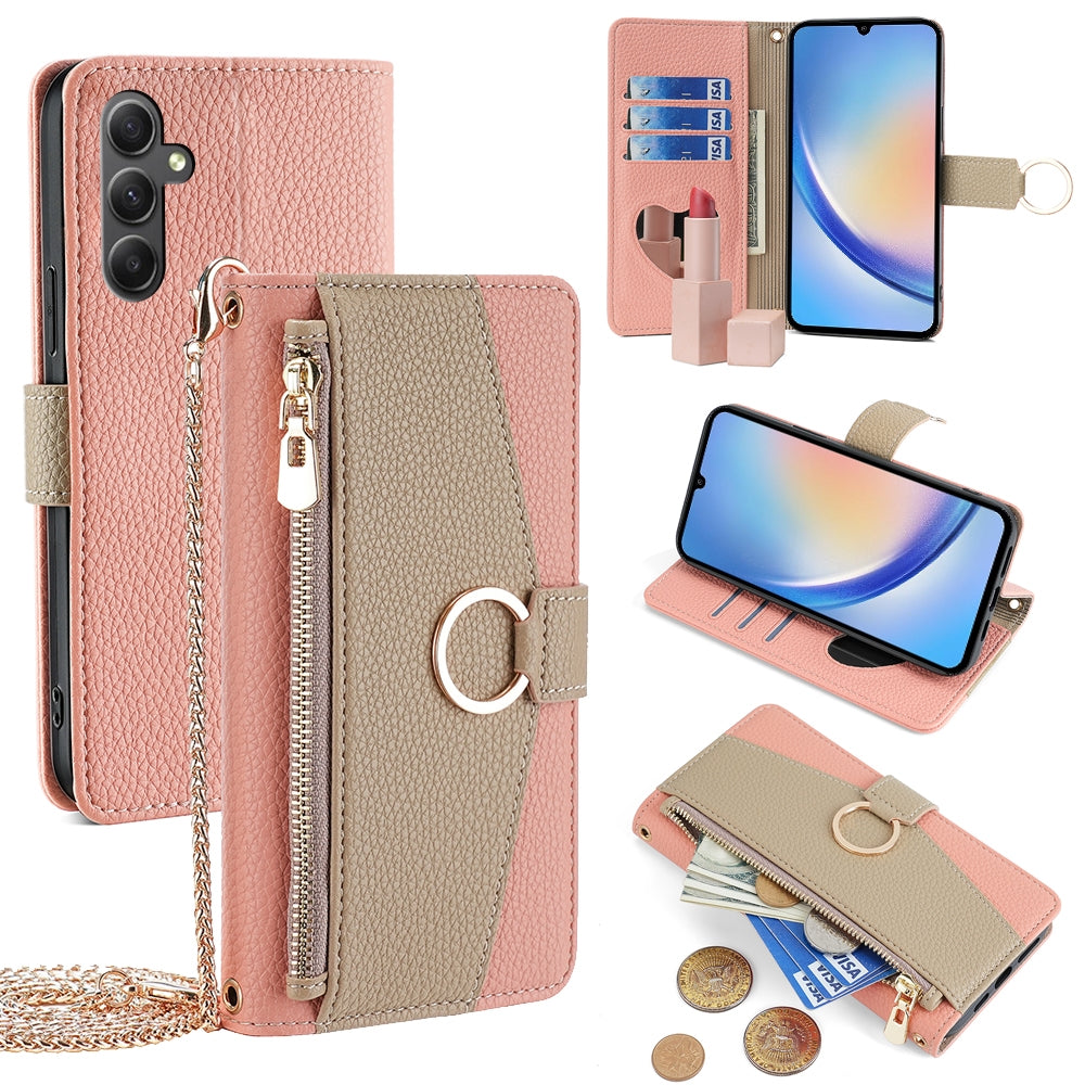 Samsung Galaxy A34 5G Crossbody Phone Case with Litchi Texture Leather, Adjustable Kickstand, Card Slots, Zipper Purse, Makeup Mirror, and TPU Protection