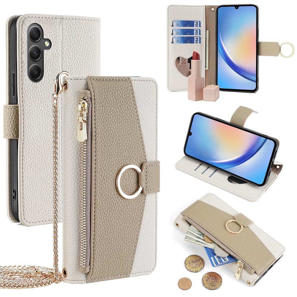 Samsung Galaxy A34 5G Crossbody Phone Case with Litchi Texture Leather, Adjustable Kickstand, Card Slots, Zipper Purse, Makeup Mirror, and TPU Protection