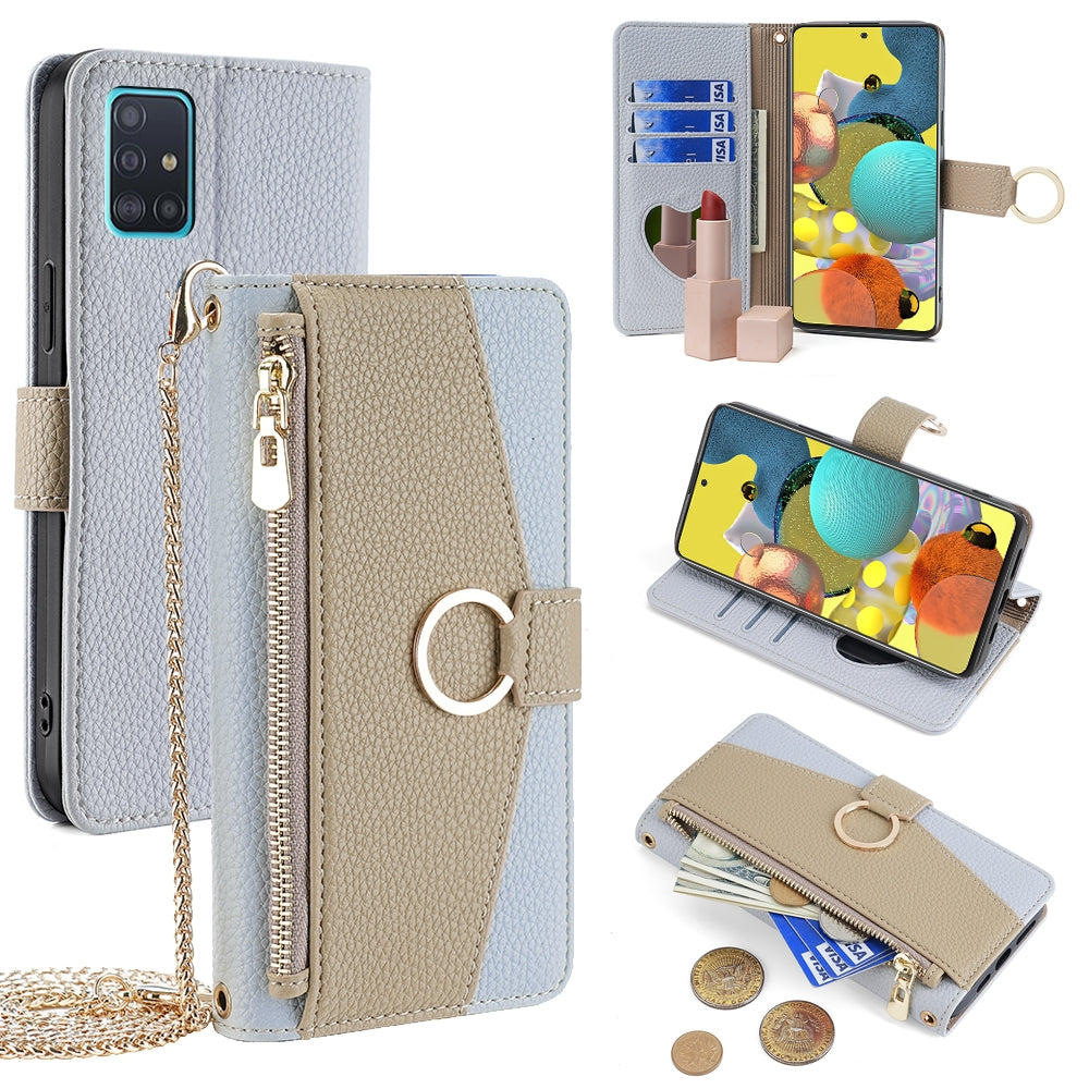 Samsung Galaxy A51 Crossbody Phone Case with Litchi Texture Leather, Adjustable Kickstand, Card Slots, Zipper Purse, Makeup Mirror, and TPU Protection