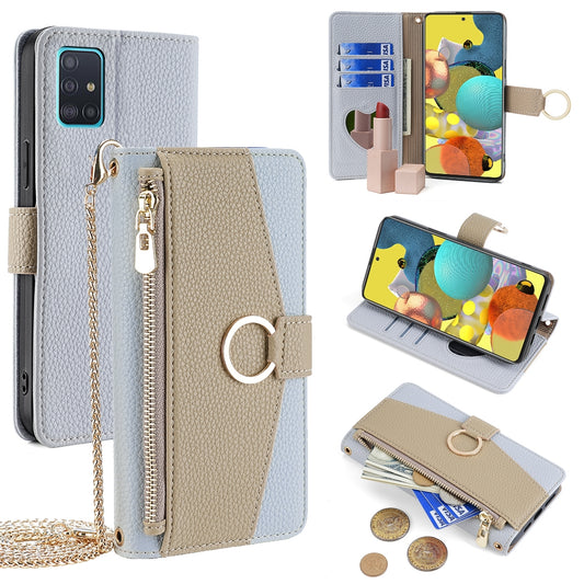 Samsung Galaxy A51 Crossbody Phone Case with Litchi Texture Leather, Adjustable Kickstand, Card Slots, Zipper Purse, Makeup Mirror, and TPU Protection
