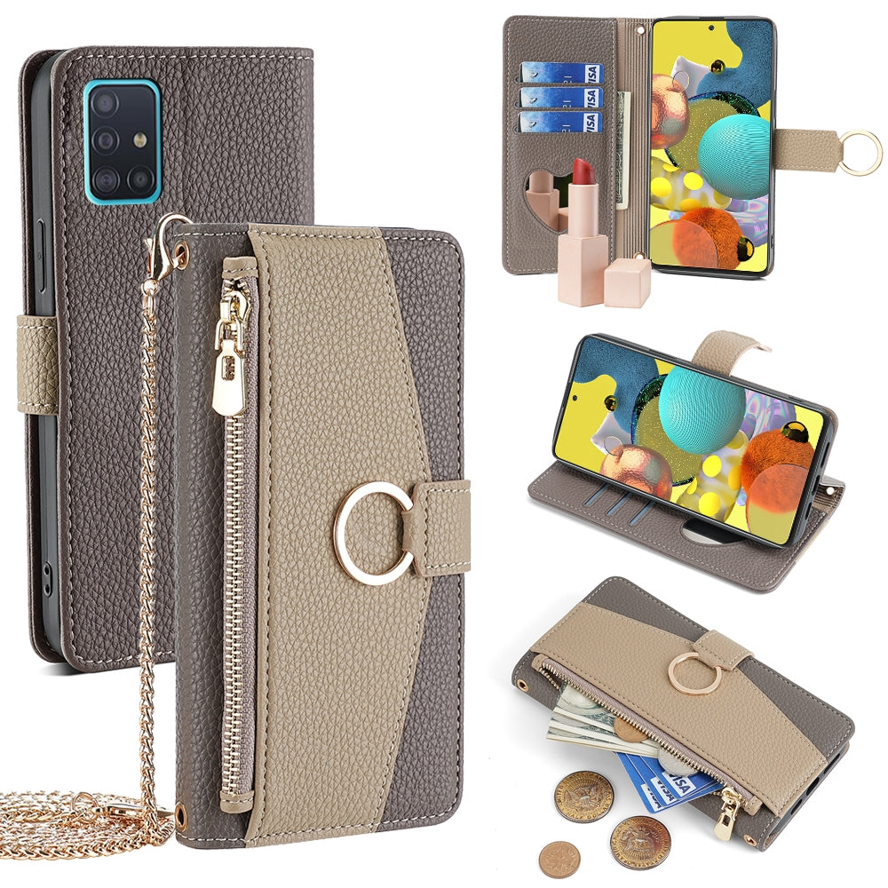 Samsung Galaxy A51 Crossbody Phone Case with Litchi Texture Leather, Adjustable Kickstand, Card Slots, Zipper Purse, Makeup Mirror, and TPU Protection