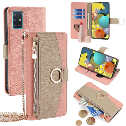Samsung Galaxy A51 Crossbody Phone Case with Litchi Texture Leather, Adjustable Kickstand, Card Slots, Zipper Purse, Makeup Mirror, and TPU Protection