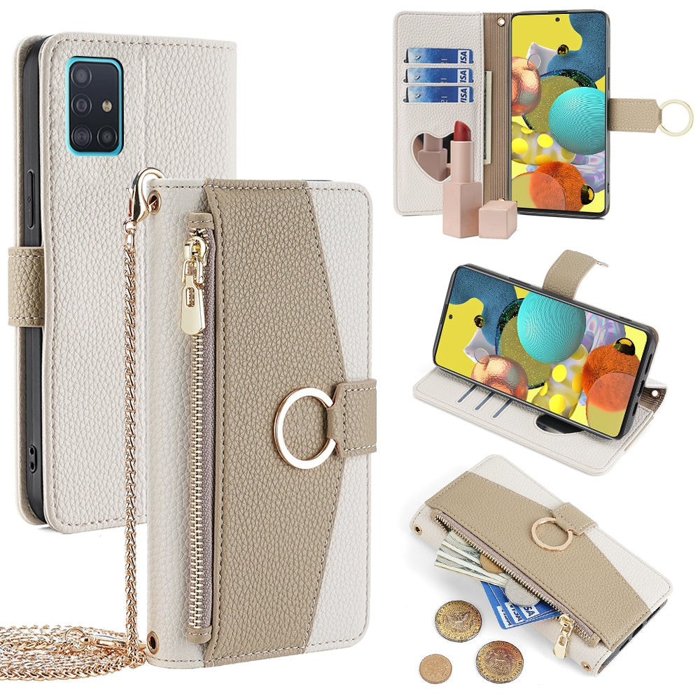 Samsung Galaxy A51 Crossbody Phone Case with Litchi Texture Leather, Adjustable Kickstand, Card Slots, Zipper Purse, Makeup Mirror, and TPU Protection
