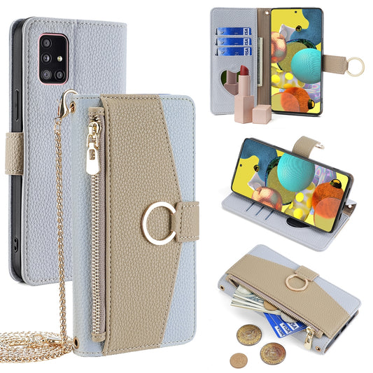 Samsung Galaxy A51 5G Crossbody Phone Case with Litchi Texture Leather, Adjustable Kickstand, Card Slots, Zipper Purse, Makeup Mirror, and TPU Protection