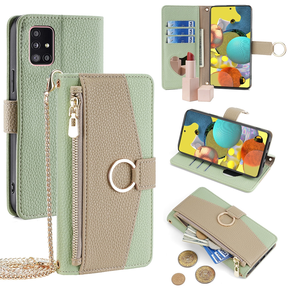 Samsung Galaxy A51 5G Crossbody Phone Case with Litchi Texture Leather, Adjustable Kickstand, Card Slots, Zipper Purse, Makeup Mirror, and TPU Protection