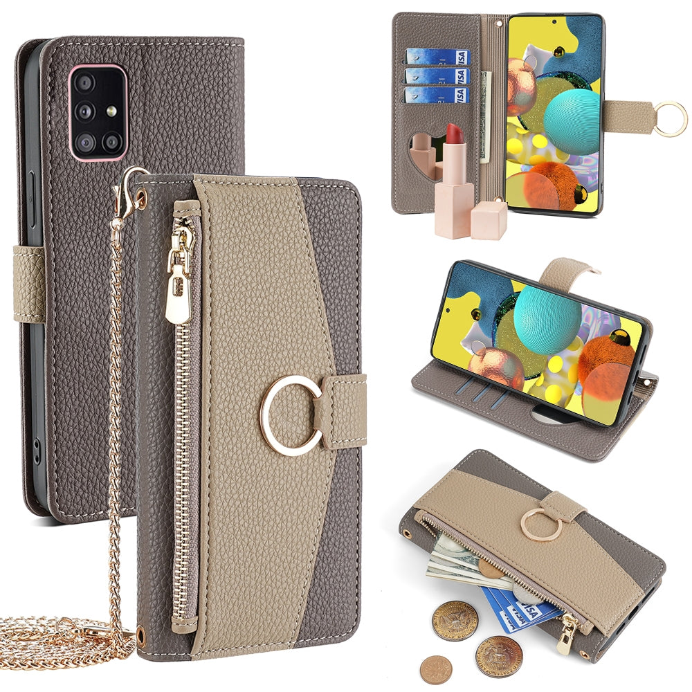 Samsung Galaxy A51 5G Crossbody Phone Case with Litchi Texture Leather, Adjustable Kickstand, Card Slots, Zipper Purse, Makeup Mirror, and TPU Protection