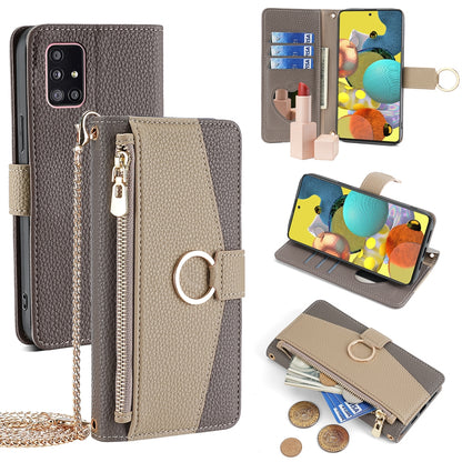 Samsung Galaxy A51 5G Crossbody Phone Case with Litchi Texture Leather, Adjustable Kickstand, Card Slots, Zipper Purse, Makeup Mirror, and TPU Protection