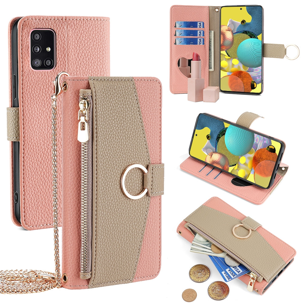 Samsung Galaxy A51 5G Crossbody Phone Case with Litchi Texture Leather, Adjustable Kickstand, Card Slots, Zipper Purse, Makeup Mirror, and TPU Protection