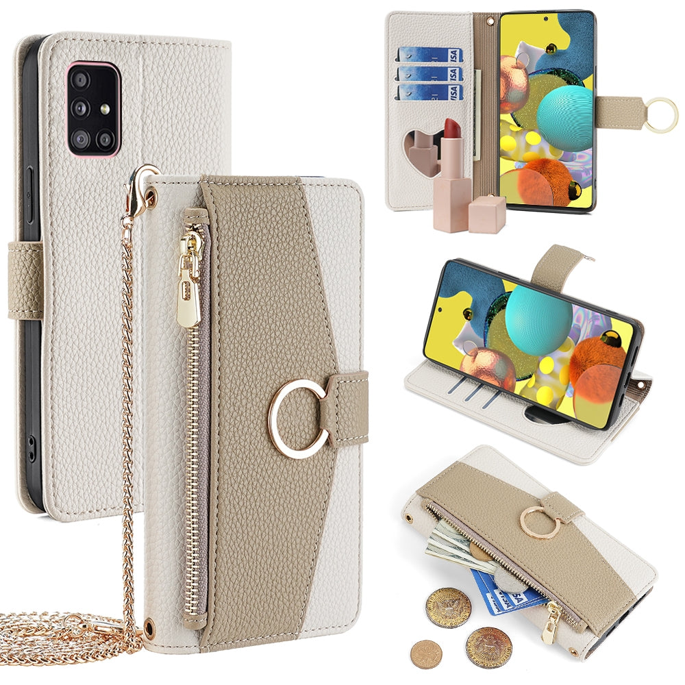 Samsung Galaxy A51 5G Crossbody Phone Case with Litchi Texture Leather, Adjustable Kickstand, Card Slots, Zipper Purse, Makeup Mirror, and TPU Protection