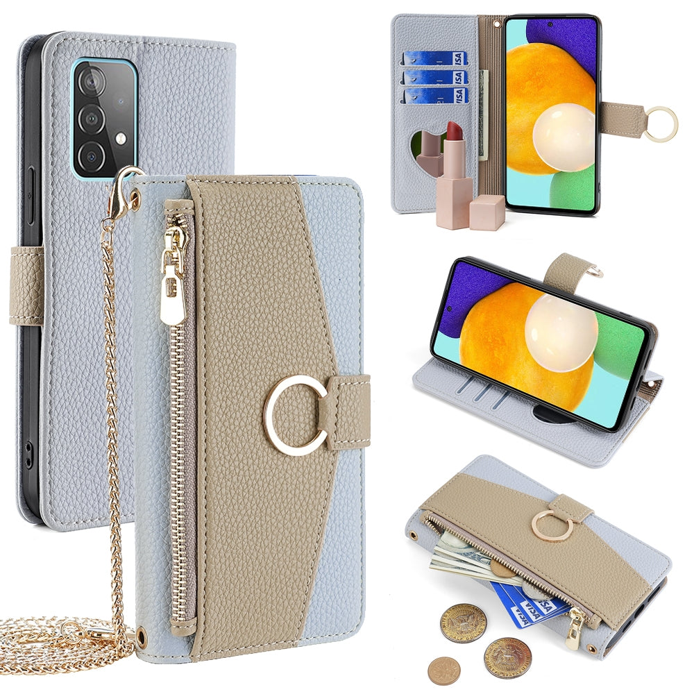 Samsung Galaxy A52 4G/5G Crossbody Phone Case with Litchi Texture Leather, Adjustable Kickstand, Card Slots, Zipper Purse, Makeup Mirror, and TPU Protection