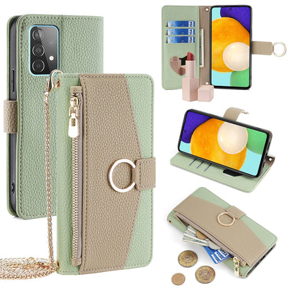 Samsung Galaxy A52 4G/5G Crossbody Phone Case with Litchi Texture Leather, Adjustable Kickstand, Card Slots, Zipper Purse, Makeup Mirror, and TPU Protection