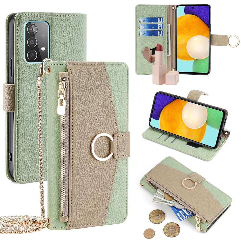 Samsung Galaxy A52s 5G Crossbody Phone Case with Litchi Texture Leather, Adjustable Kickstand, Card Slots, Zipper Purse, Makeup Mirror, and TPU Protection