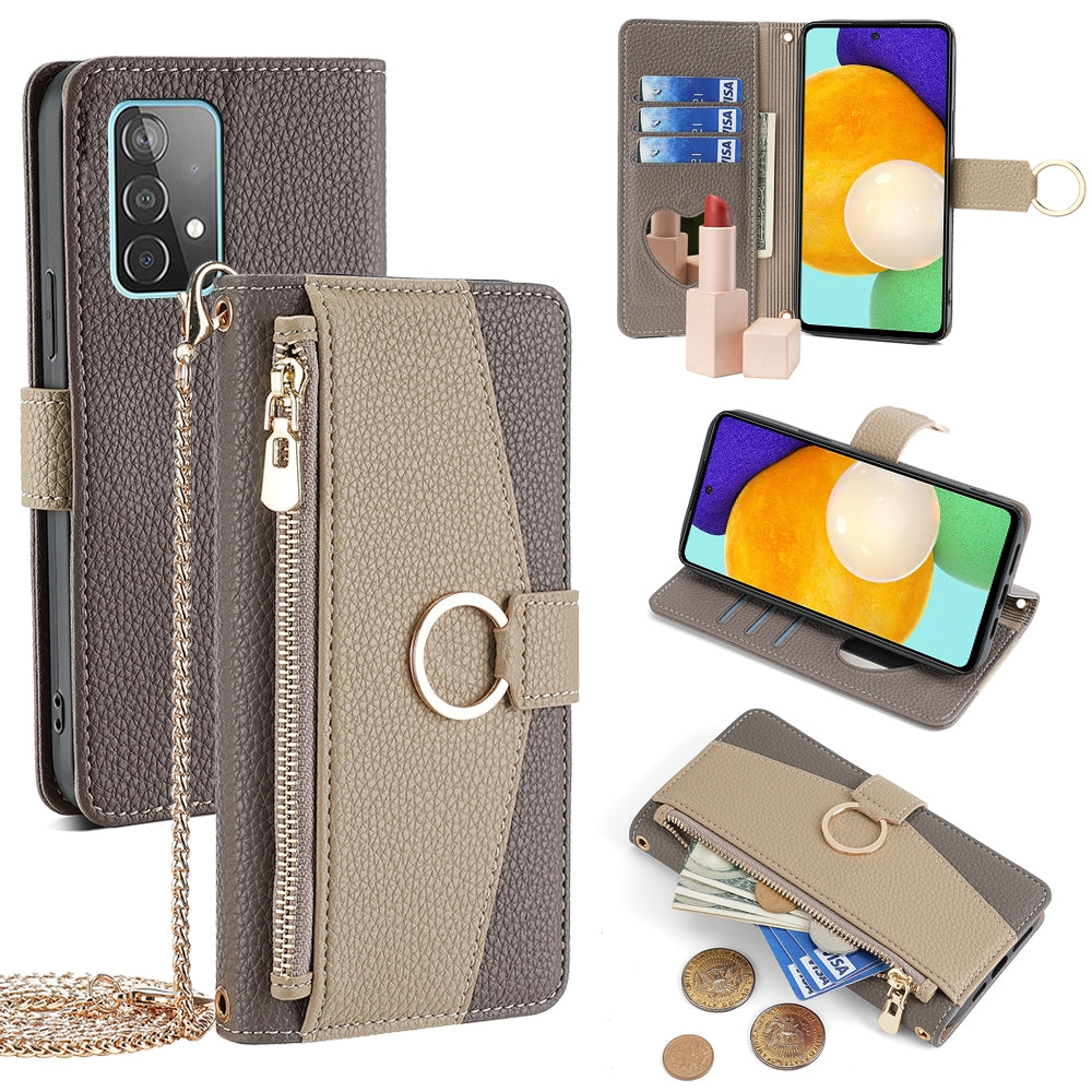Samsung Galaxy A52 4G/5G Crossbody Phone Case with Litchi Texture Leather, Adjustable Kickstand, Card Slots, Zipper Purse, Makeup Mirror, and TPU Protection