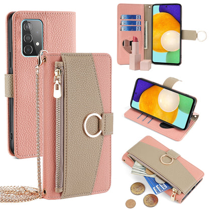 Samsung Galaxy A52 4G/5G Crossbody Phone Case with Litchi Texture Leather, Adjustable Kickstand, Card Slots, Zipper Purse, Makeup Mirror, and TPU Protection