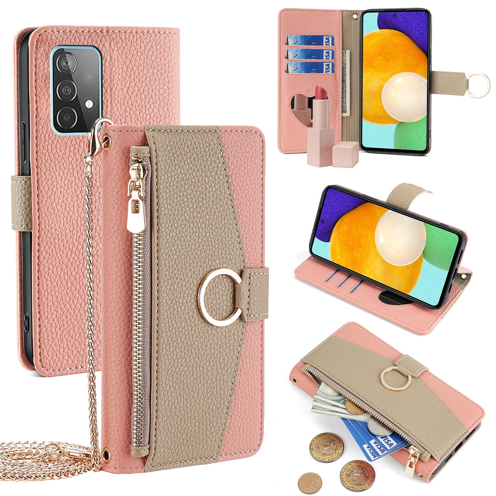 Samsung Galaxy A52s 5G Crossbody Phone Case with Litchi Texture Leather, Adjustable Kickstand, Card Slots, Zipper Purse, Makeup Mirror, and TPU Protection