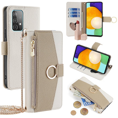 Samsung Galaxy A52 4G/5G Crossbody Phone Case with Litchi Texture Leather, Adjustable Kickstand, Card Slots, Zipper Purse, Makeup Mirror, and TPU Protection