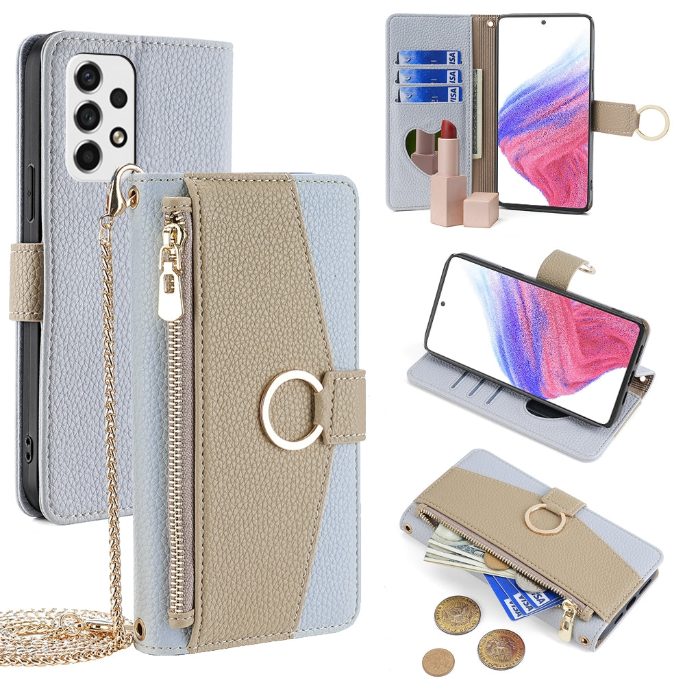 Samsung Galaxy A53 5G Crossbody Phone Case with Litchi Texture Leather, Adjustable Kickstand, Card Slots, Zipper Purse, Makeup Mirror, and TPU Protection