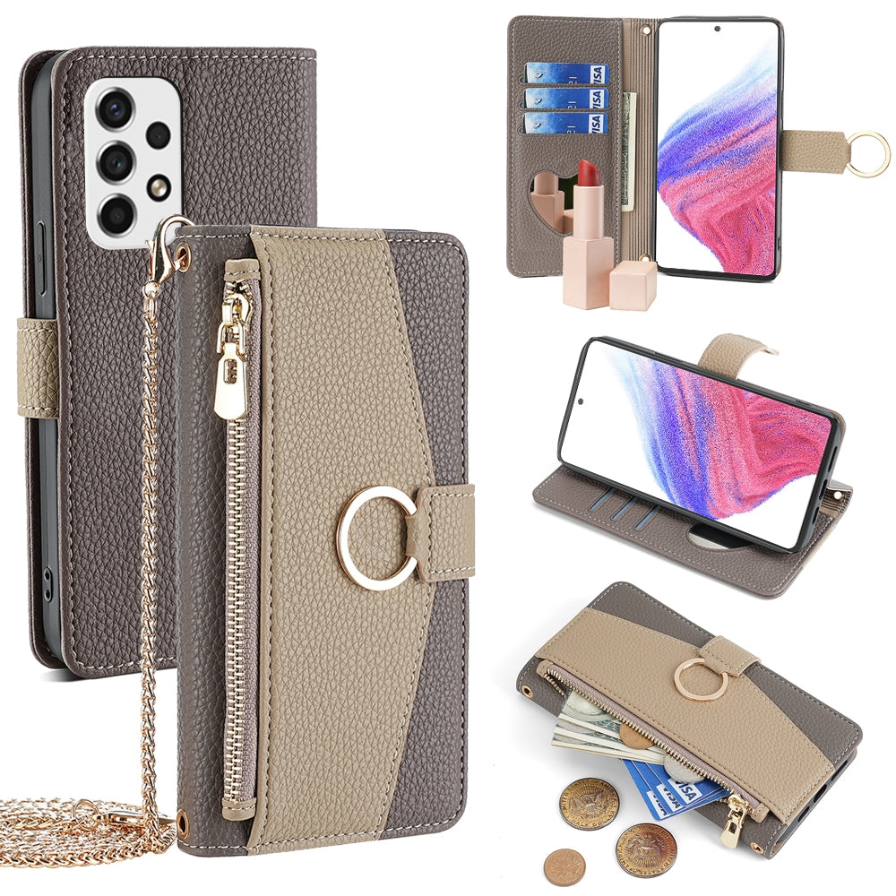 Samsung Galaxy A53 5G Crossbody Phone Case with Litchi Texture Leather, Adjustable Kickstand, Card Slots, Zipper Purse, Makeup Mirror, and TPU Protection