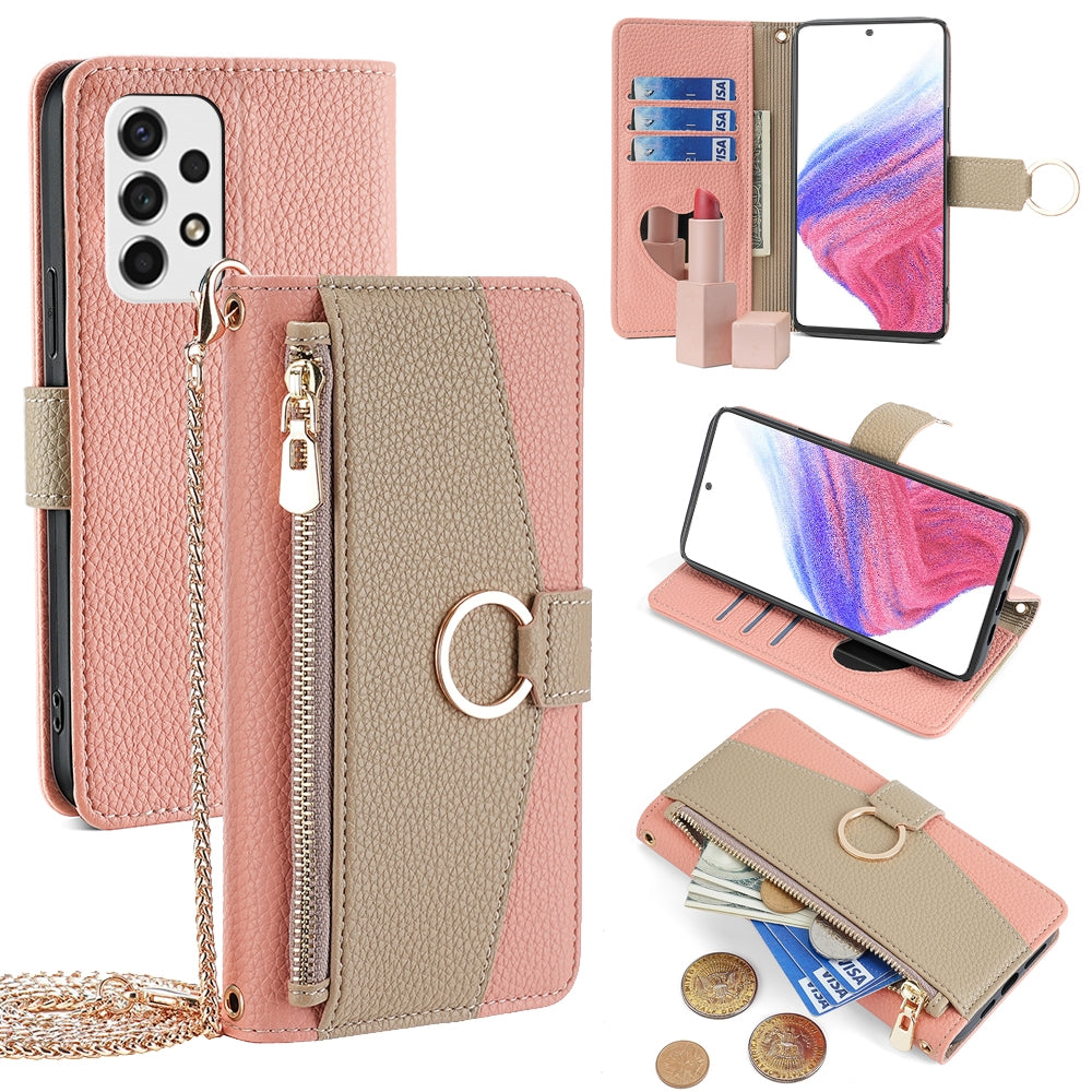 Samsung Galaxy A53 5G Crossbody Phone Case with Litchi Texture Leather, Adjustable Kickstand, Card Slots, Zipper Purse, Makeup Mirror, and TPU Protection