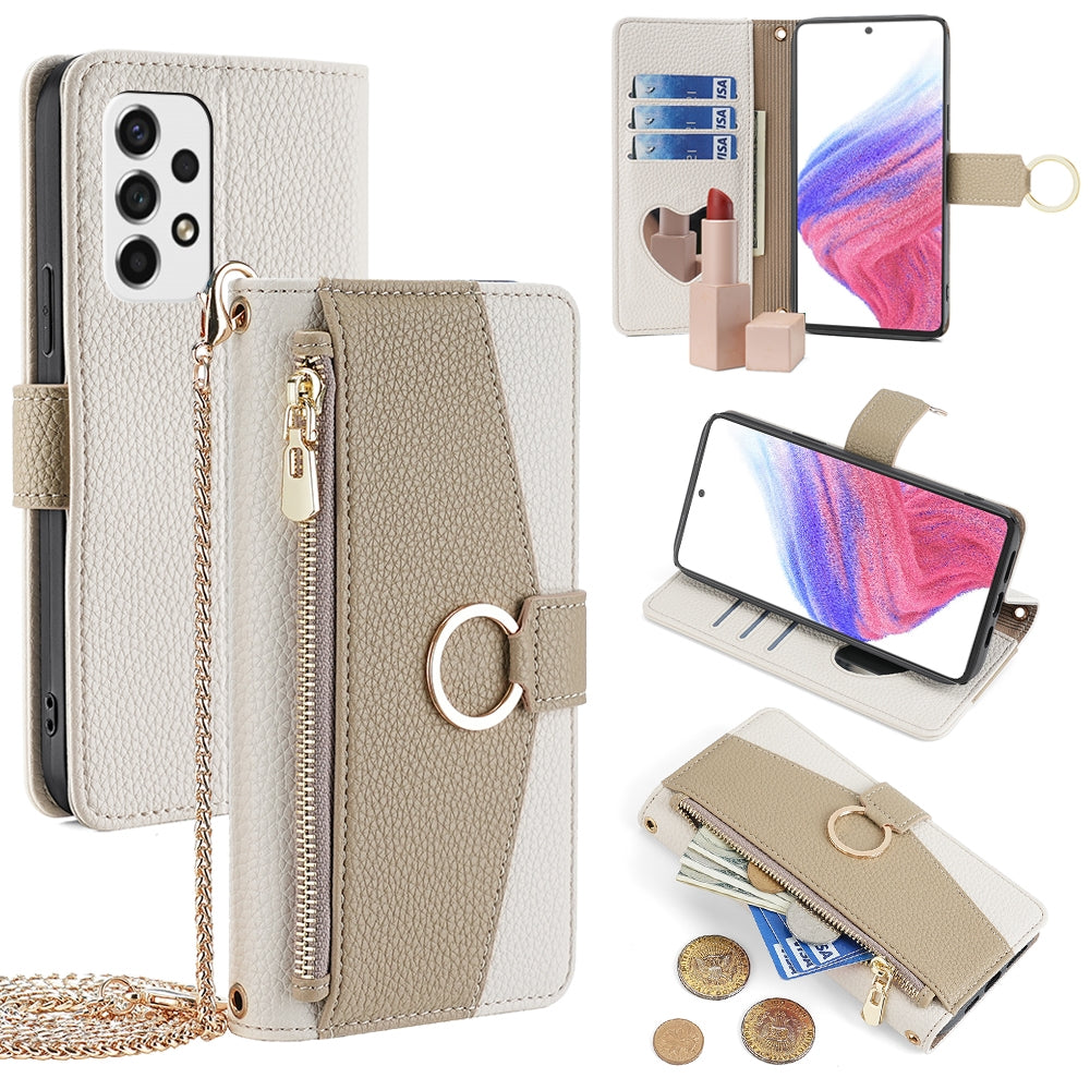 Samsung Galaxy A53 5G Crossbody Phone Case with Litchi Texture Leather, Adjustable Kickstand, Card Slots, Zipper Purse, Makeup Mirror, and TPU Protection