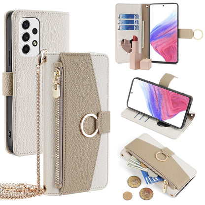 Samsung Galaxy A53 5G Crossbody Phone Case with Litchi Texture Leather, Adjustable Kickstand, Card Slots, Zipper Purse, Makeup Mirror, and TPU Protection